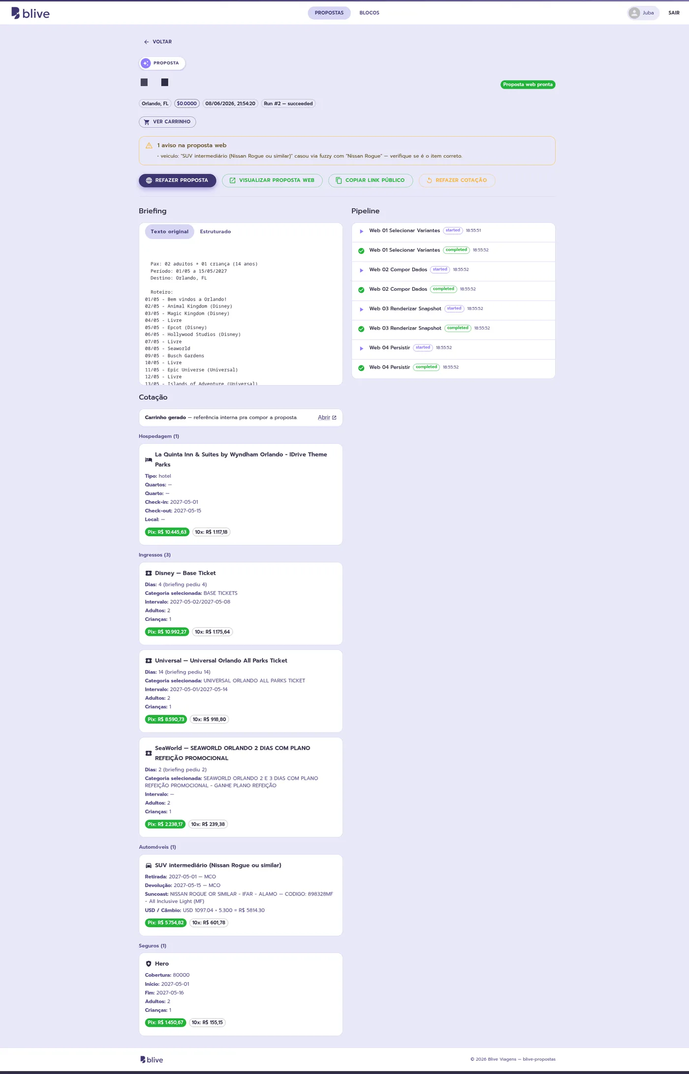 One proposal, inside: the original WhatsApp briefing, quote cards, and the run timeline — four pipeline steps in about a second (client anonymized)
