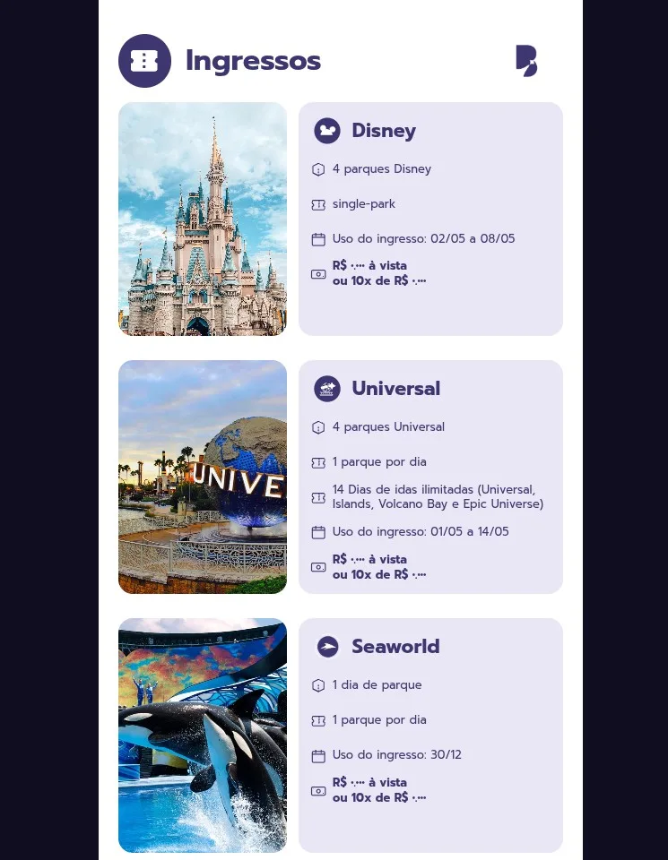 Tickets — Disney, Universal, Seaworld, quoted live from the agency’s systems