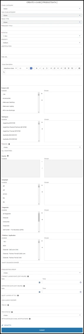 BEFORE — the inherited “Create a Case” form: dozens of fields on one endless page (auto-scrolling to show its full length)