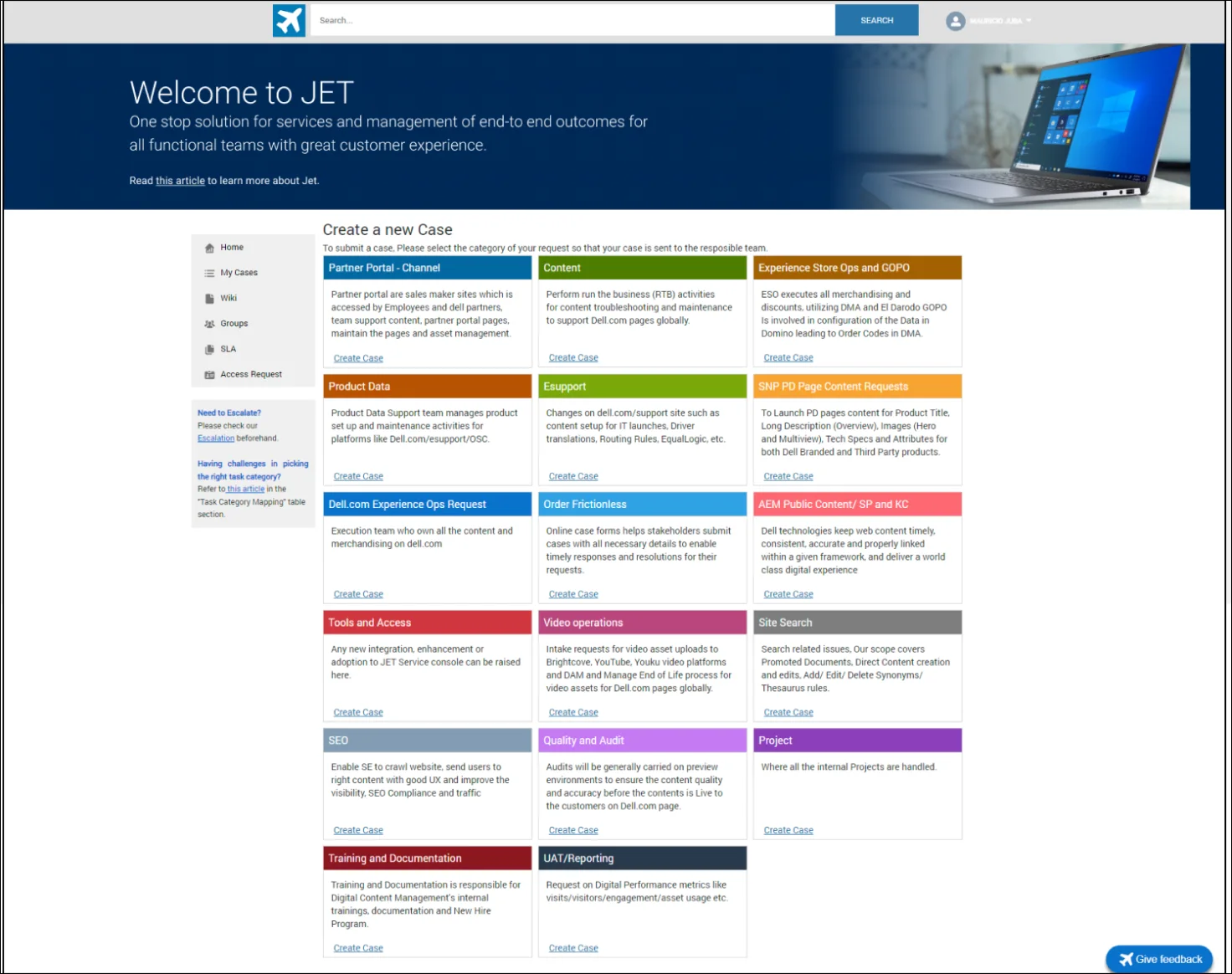 BEFORE — the old JET home: a wall of colour-coded case categories to scan through