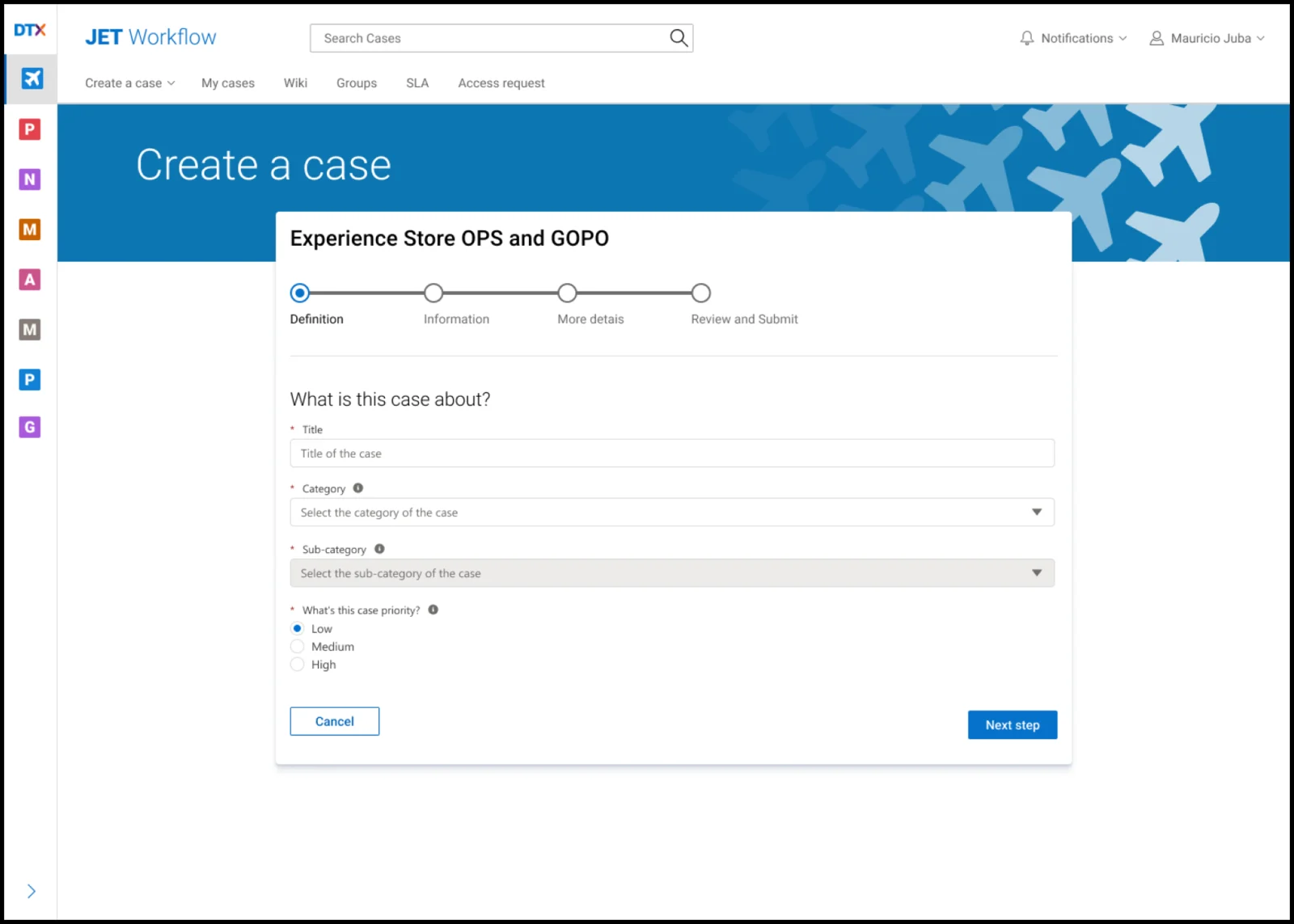 AFTER — a guided 4-step flow: Definition → Information → Details → Review & submit