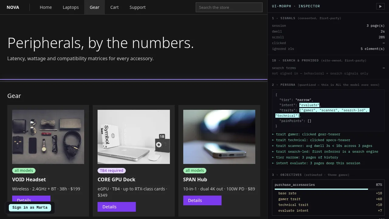 NOVA store products page adapted to a gamer persona, dark theme with purple accents