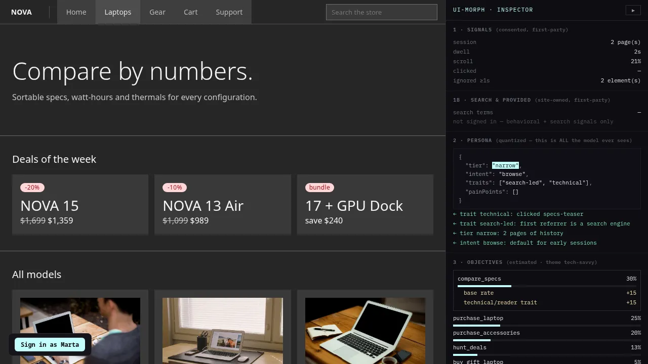 NOVA store products page adapted to a technical persona, dark data-first theme
