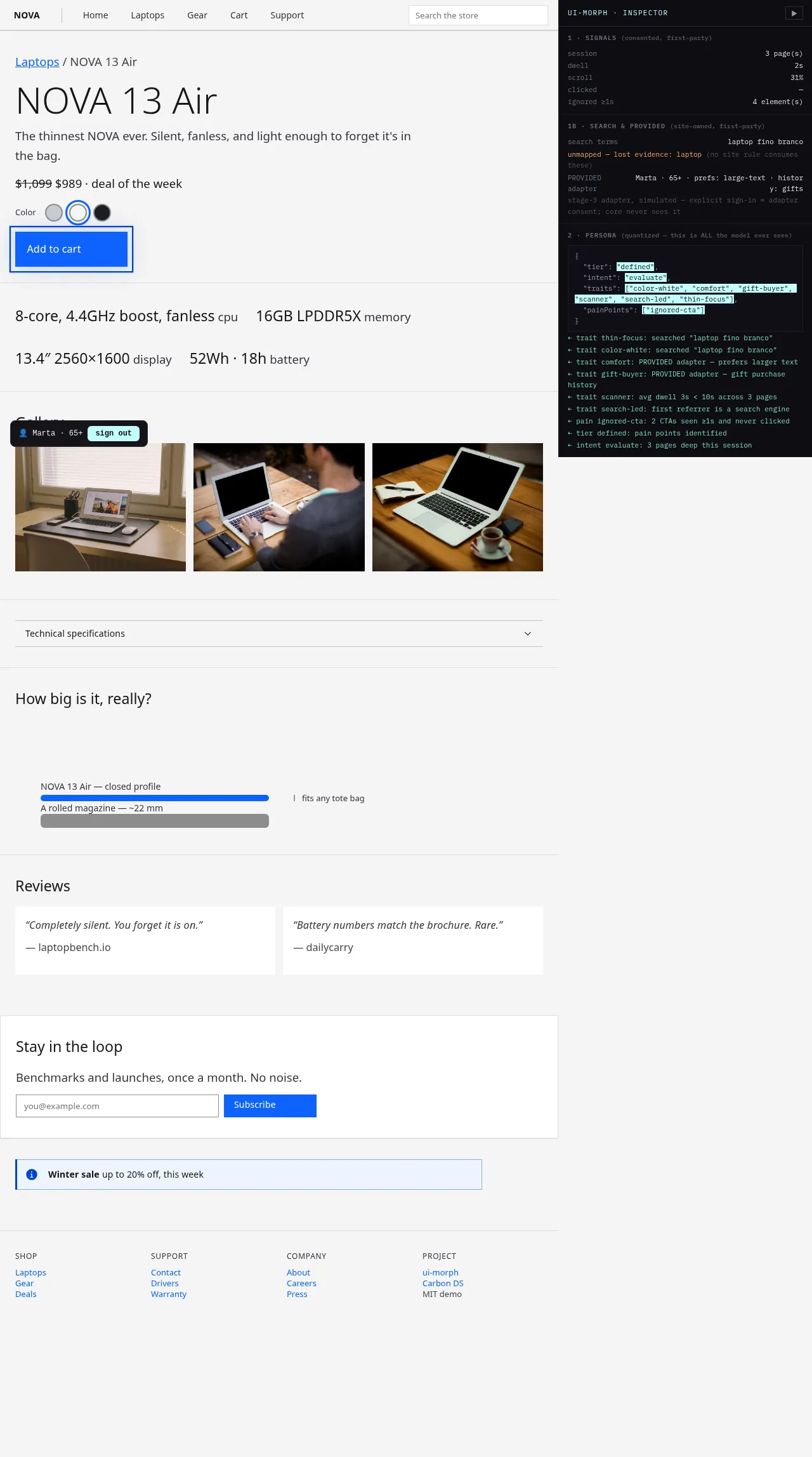 Product detail page reorganized for a gift buyer: gallery first, size comparison visible, white preselected, specs collapsed