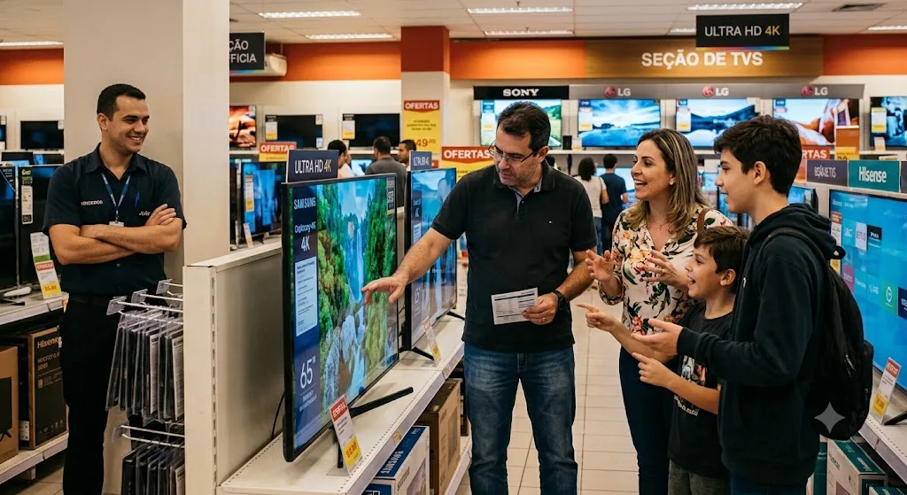 A family debates TVs in a store's TV section while the salesman observes from a distance